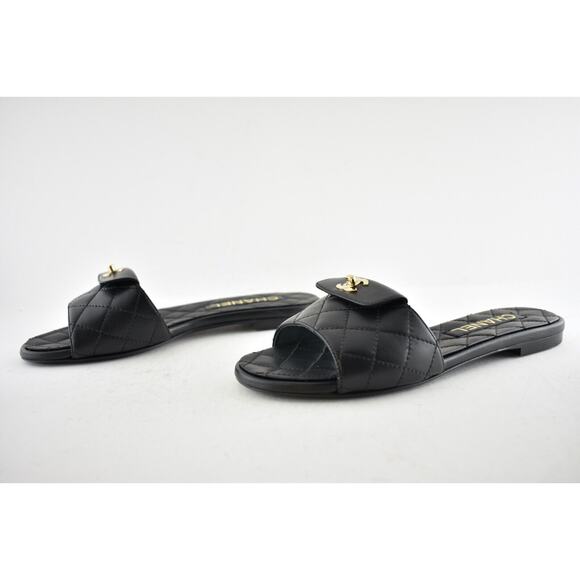 Chanel REV Black Turnlock Quilted Gold CC Logo Mules Slide Sandal Flop Flat 38 - Picture 10 of 12